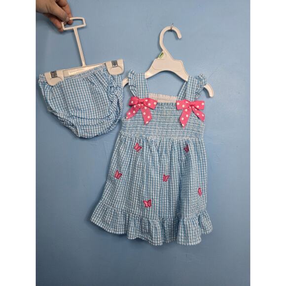 Rare Editions Aqua Check Seersucker Pink Butterfly Dress & Bloomers 12 Months - Picture 2 of 7